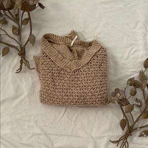 Free People Tan V-Neck Sweater with Textured Knit